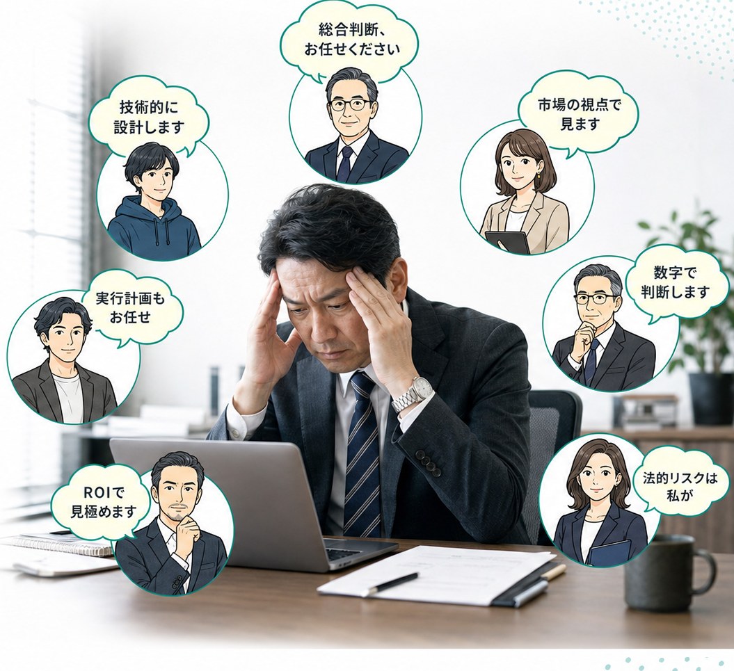 一人で頭を抱える経営者を、7人のAI役員（議長・CMO・CFO・CLO・COO・CTO・投資家代表）が「総合判断、お任せください」「市場の視点で見ます」「数字で判断します」などの吹き出しで囲んでいるイメージ