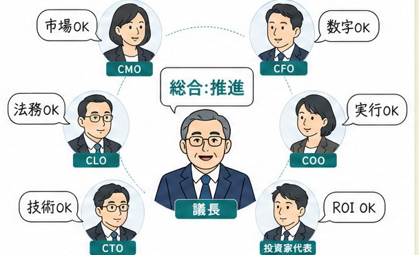 議長AIを中心に、市場OK・数字OK・法務OK・実行OK・技術OK・ROI OKと6人のAI役員が議論し「総合:推進」と判断する図