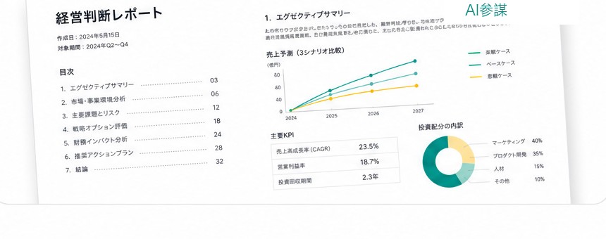 AI参謀の経営判断レポートのサンプル。目次、売上予測（3シナリオ比較）グラフ、主要KPI（売上高成長率23.5%・営業利益率18.7%・投資回収期間2.3年）、投資配分の内訳