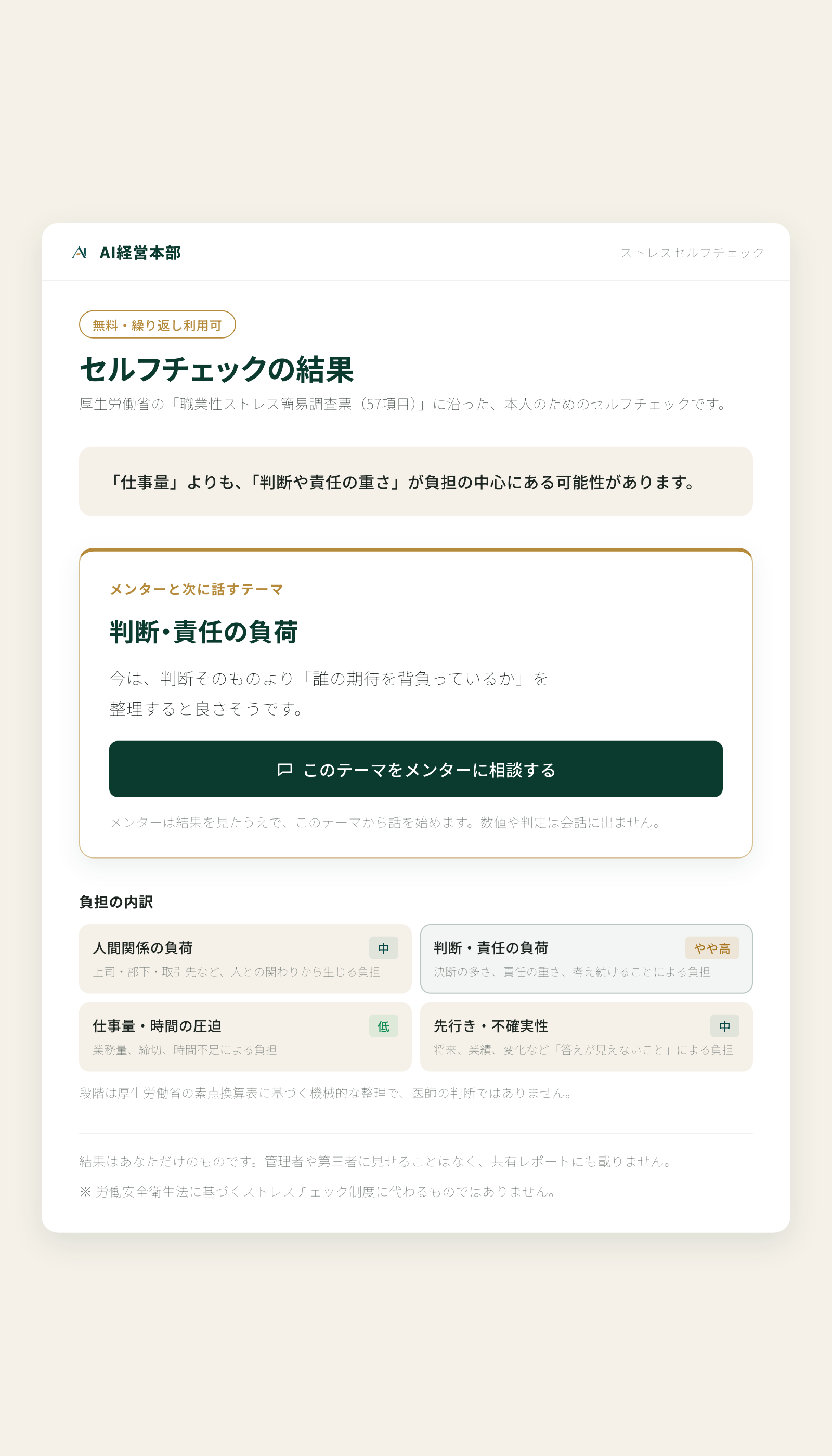 ストレスセルフチェック結果画面のモックアップ（「メンターと次に話すテーマ」の提案カードが見える状態）
